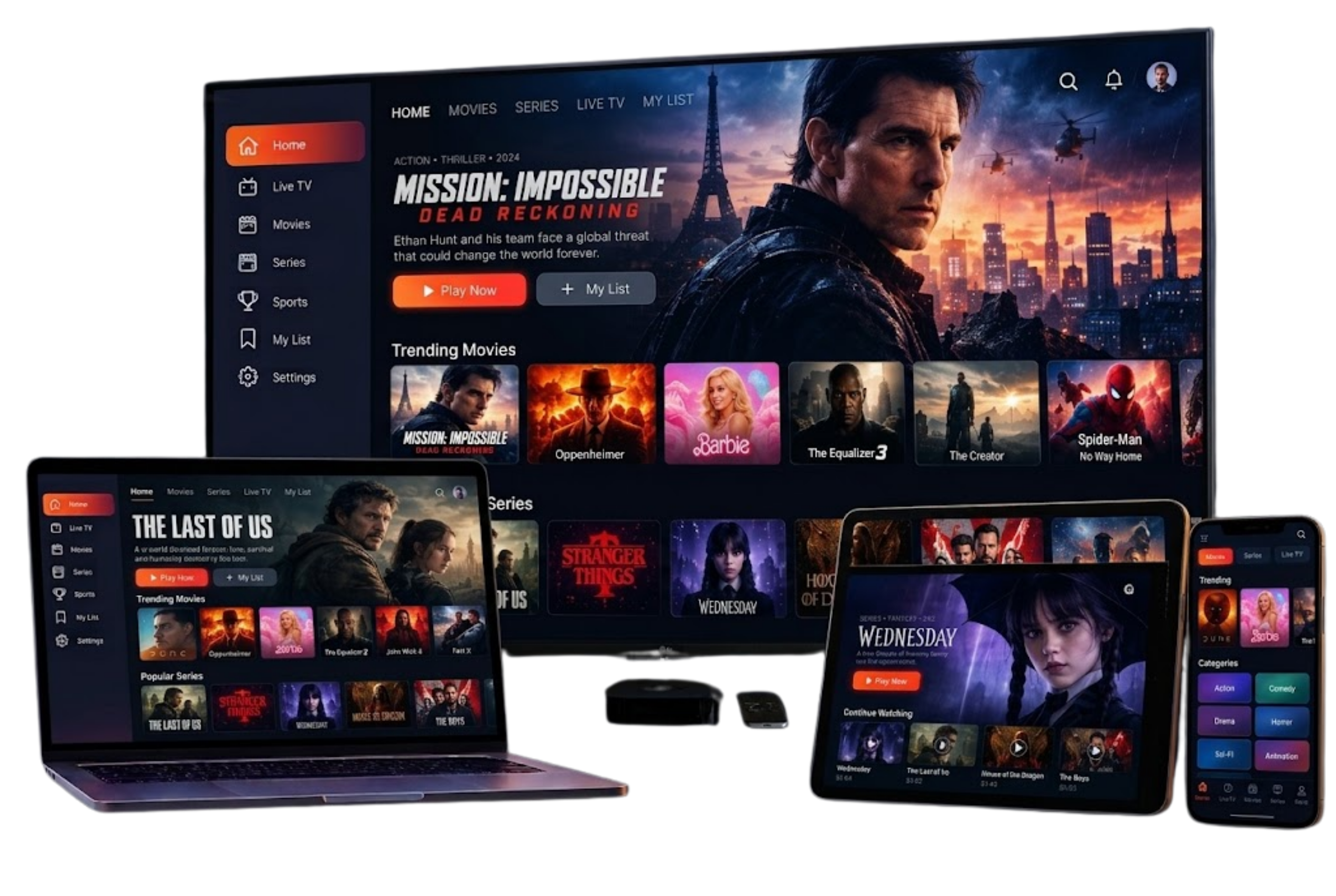 Multi-screen IPTV: Surf IPTV playing on a TV, a tablet and a smartphone at the same time